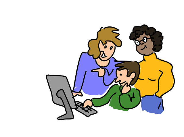 Three students at desktop cartoon
